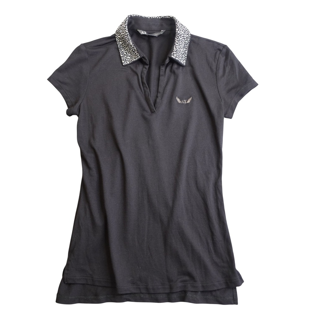 Y2K Armani‎ Bling Rhinestone Collar Polo Shirt Womens S Black Studded Wings Logo